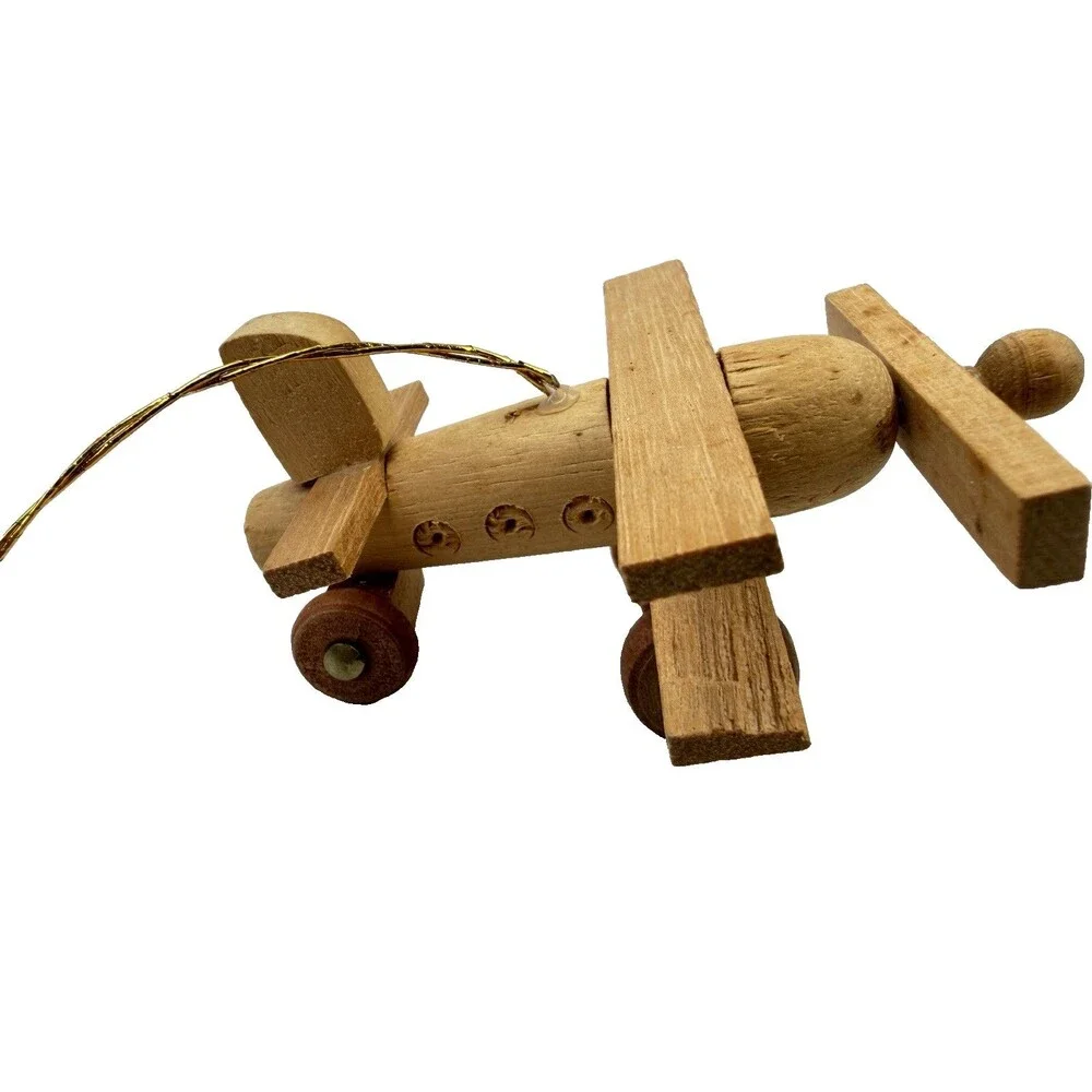 Vintage Wooden Airplane Christmas Ornament Folk Art Propeller Plane Handmade 3”